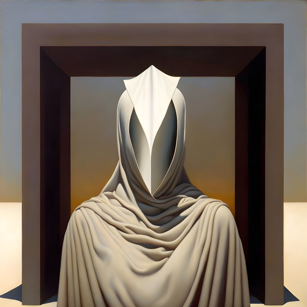 Abstract painting: Draped figure without head, seated by square frame on dual-tone background