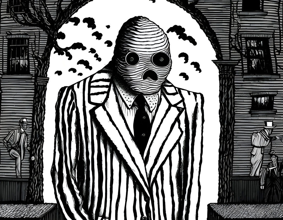 Monochrome humanoid figure with bandaged head and goggles in striped suit among trees and buildings.