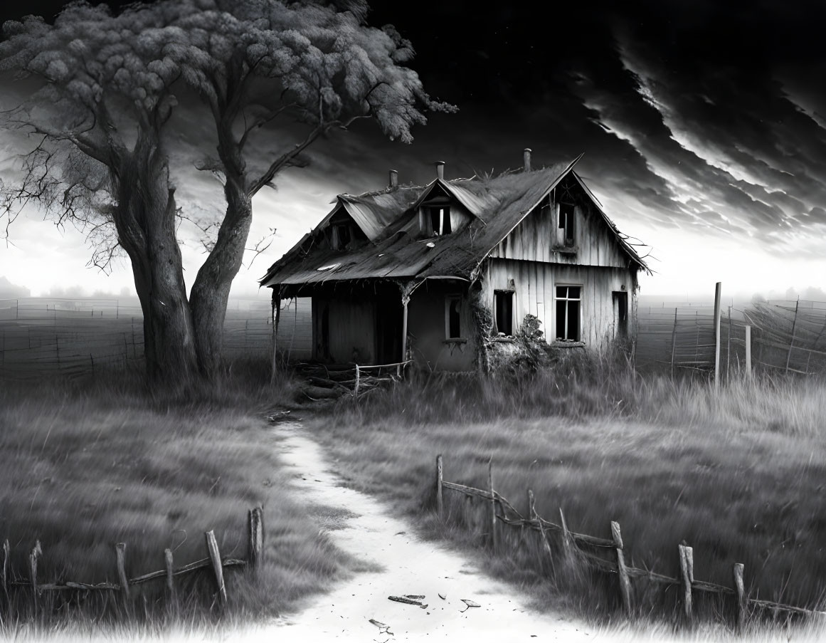 Eerie monochrome image of dilapidated house and barren tree under cloudy skies