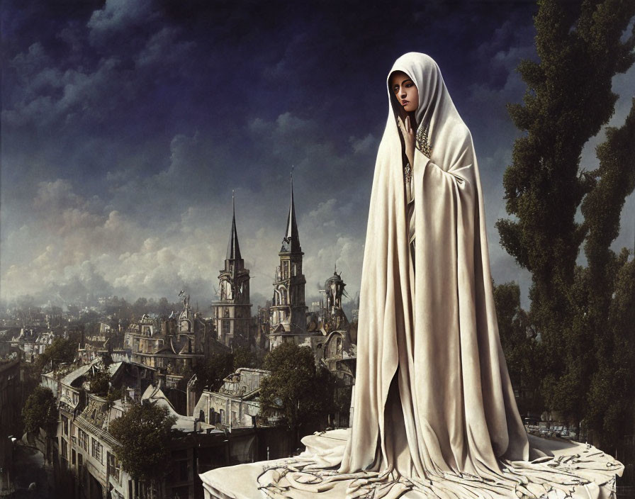 Woman in white cloak on building gazes at historic city skyline under dramatic sky