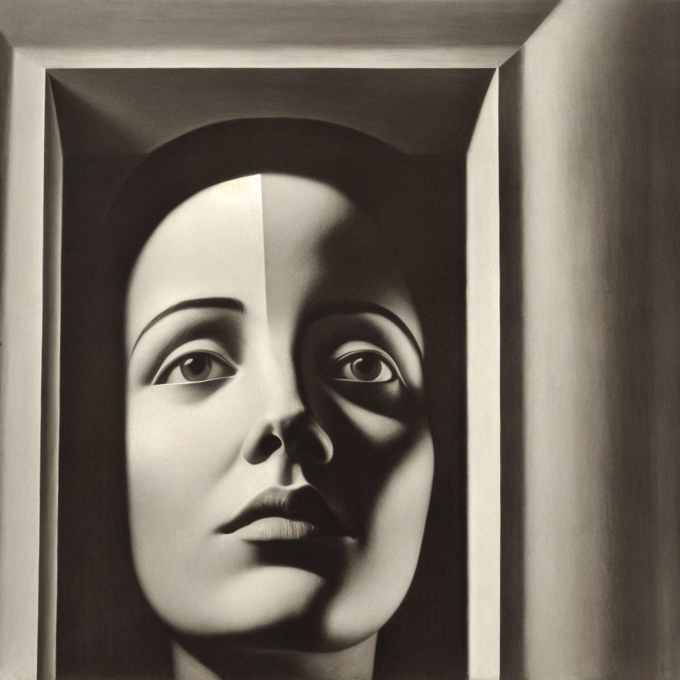 Monochrome Woman's Face Divided in Shadow and Light Within Abstract Geometric Doorway