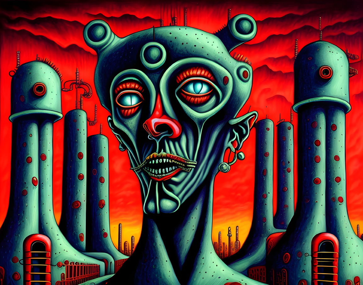 Surreal alien face with multiple eyes and industrial towers under red sky