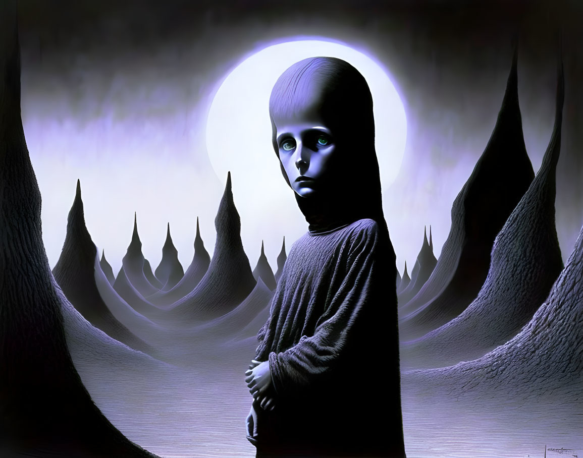 Surreal portrait of child with oversized haunting eyes against moonlit spires