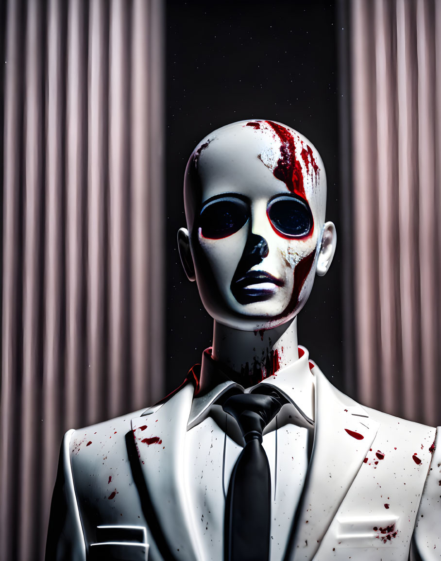 Mannequin in Suit with Red Paint Splatter on Striped Curtain Background