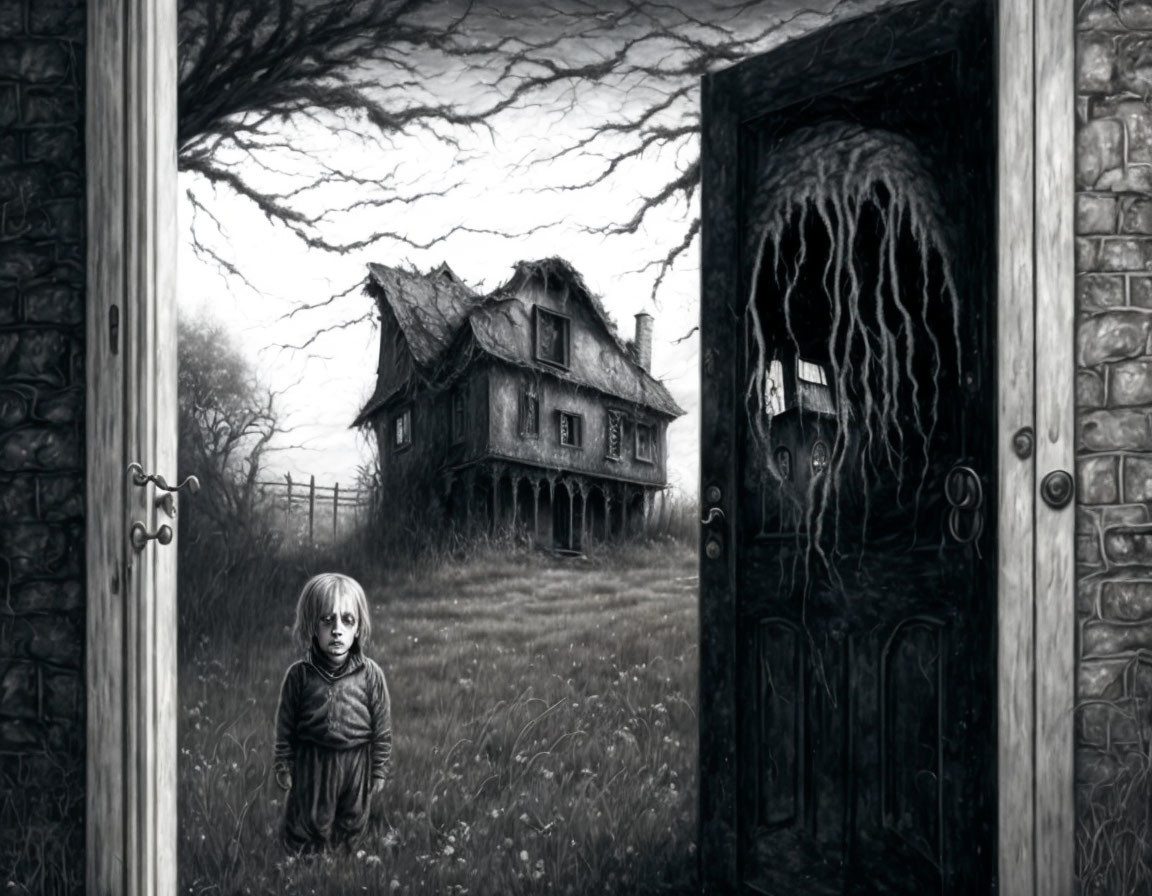 Monochrome image of child by open door in eerie landscape