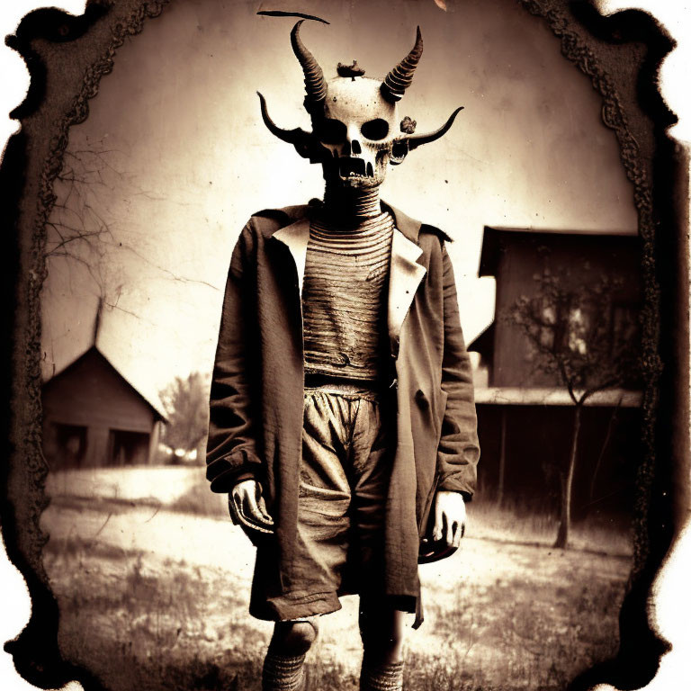 Vintage-themed sepia photo of figure with skull and horns in rural setting