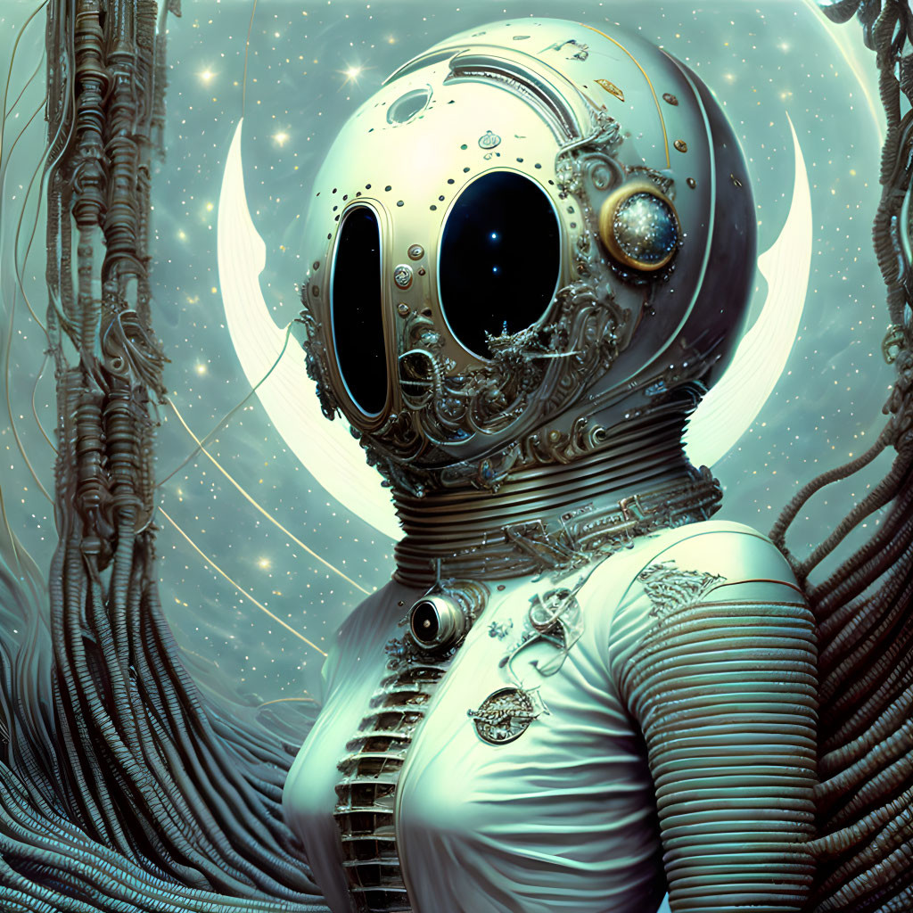 Detailed metallic humanoid robot with vintage diving helmet head under starry sky