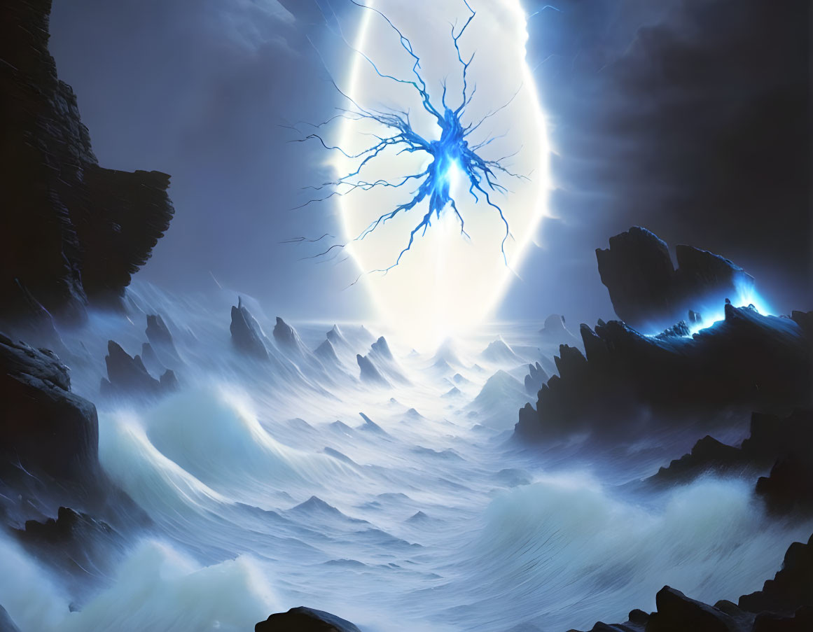 Illustration of stormy sea with glowing blue moon and lightning branches