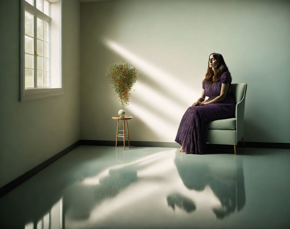 Woman in Purple Dress Sitting Near Window Light Beam and Flower Vase