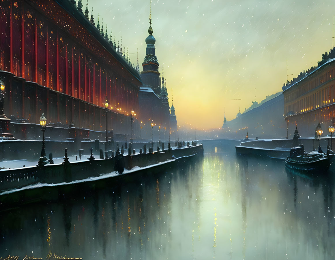 Snowy Riverbank: Winter Evening Scene with Falling Snowflakes, Illuminated Buildings, and Sub