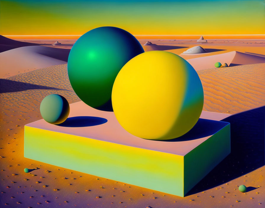 Surreal landscape with yellow, green, and blue spheres on geometric platform