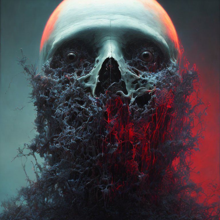 Skull-like visage in dark, web-like textures on red-lit backdrop