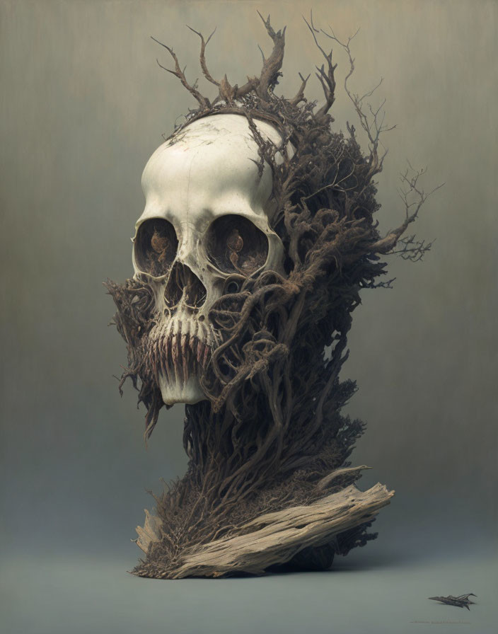 Skull entwined with intricate tree roots on muted background