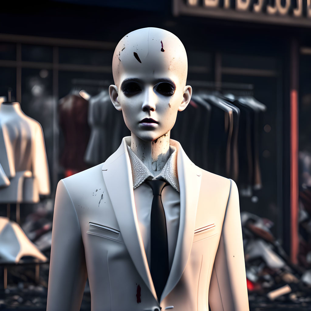 Featureless Face Humanoid in Suit Stands by Clothing Store