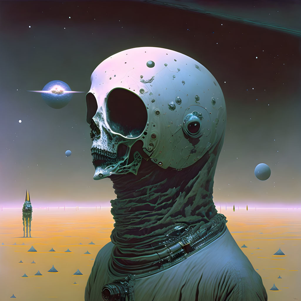 Surrealist artwork featuring skull-headed astronaut in desert landscape