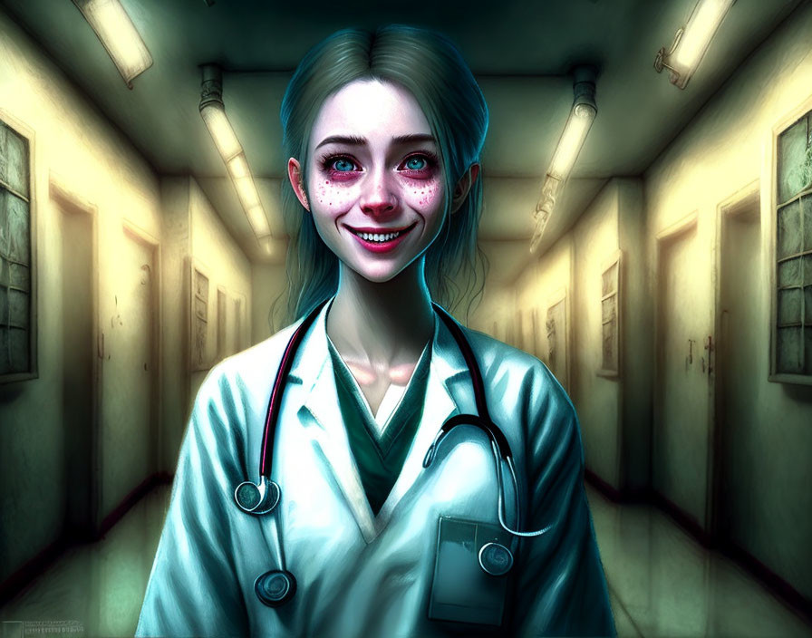 Digital artwork: Smiling woman with blue hair, red eyes, and stethoscope in hospital corridor