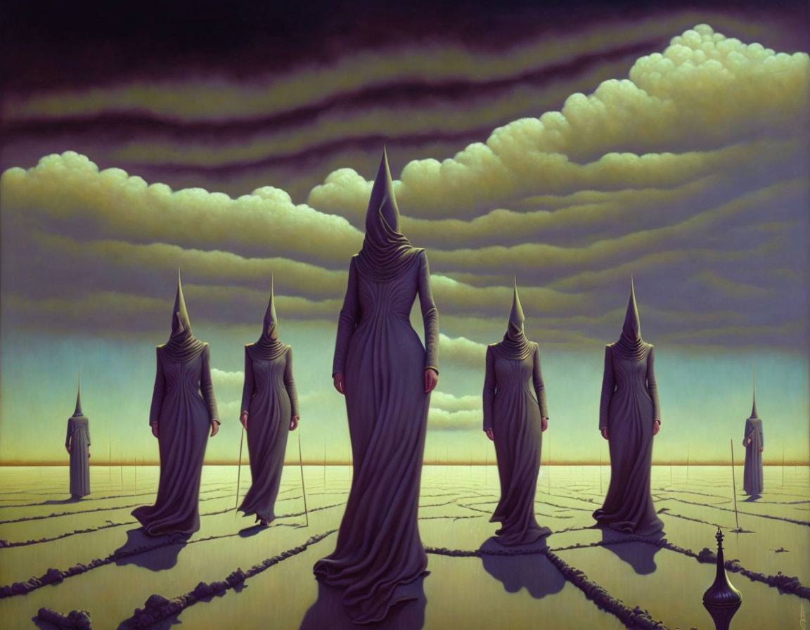 Mysterious figure in long robes in surreal, ominous landscape