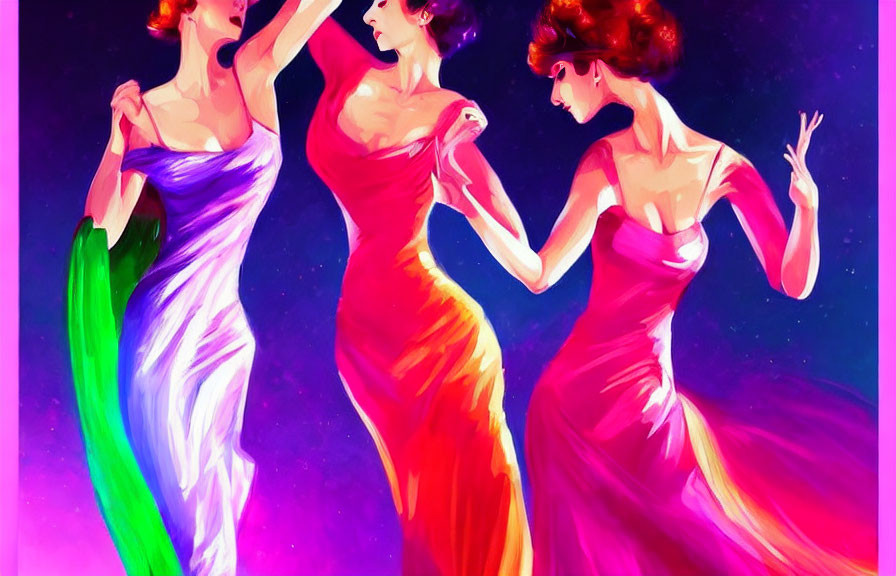 Colorful Stylized Women Dancing in Flowing Dresses