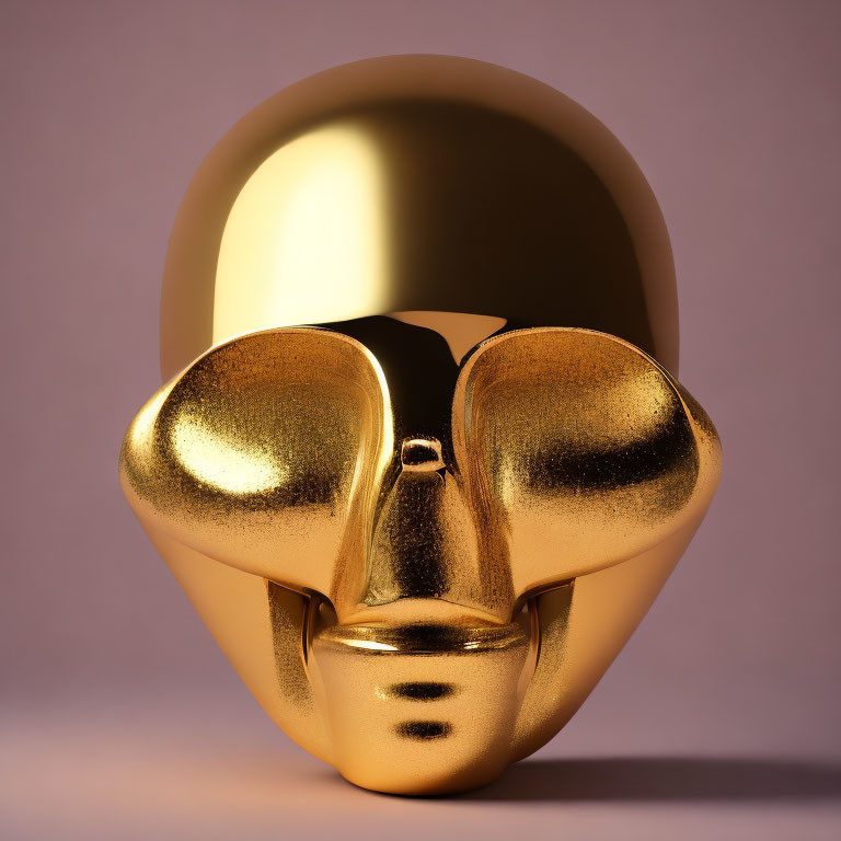 Golden Reflective Human Face Sculpture on Purple Background