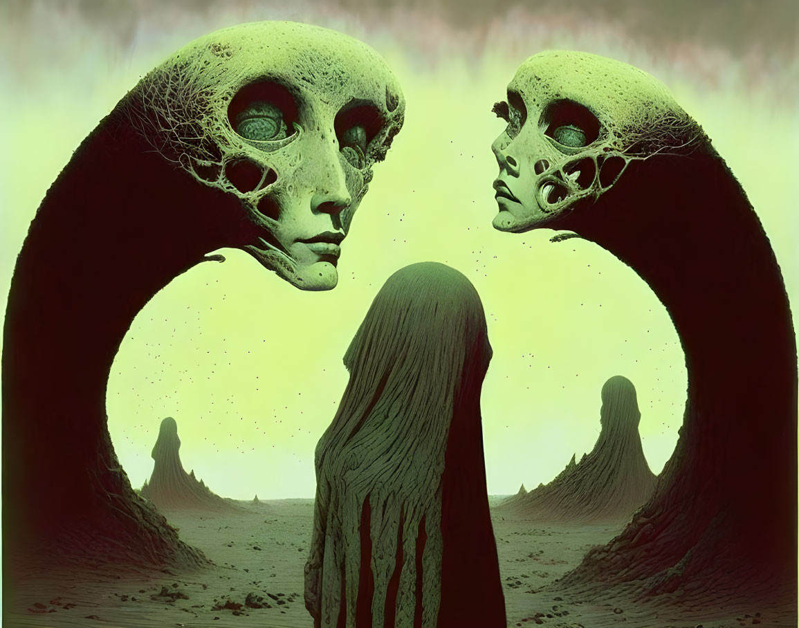 Surrealist artwork featuring alien skull-like figures and hooded figure in barren landscape