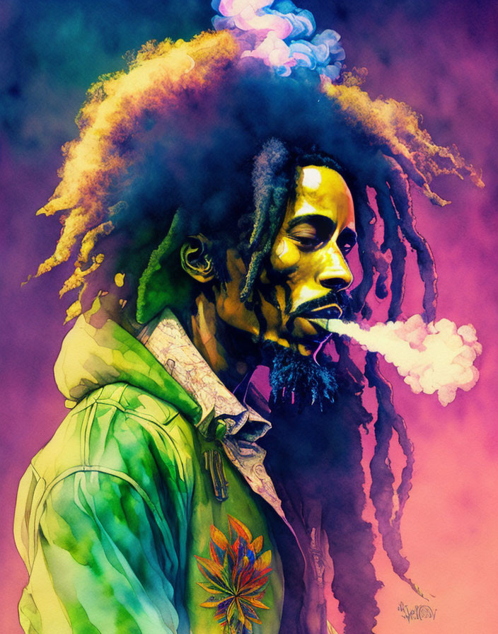 Colorful Watercolor Illustration of Person with Dreadlocks Smoking