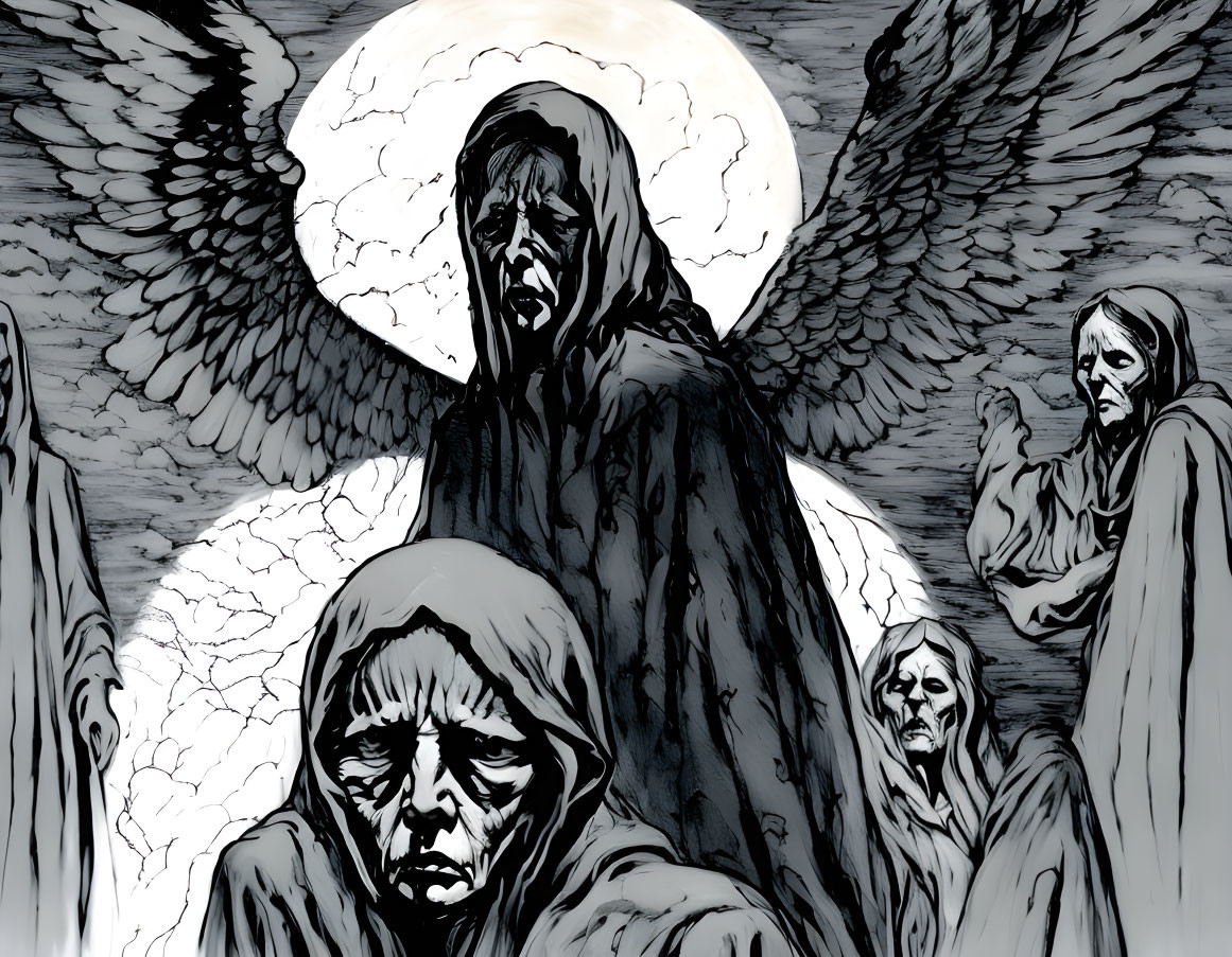 Monochrome illustration: central figure in dark robes with large wings, surrounded by cloaked figures under full