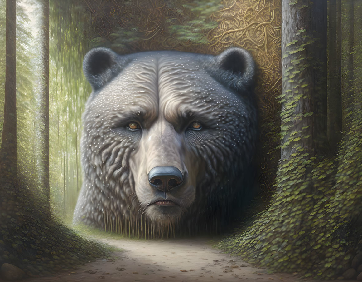 Detailed digital artwork: Bear's face blending into forest pathway among tall trees