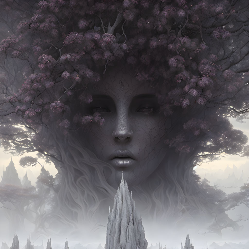 Surrealist face-tree fusion with purple foliage hair in misty forest.