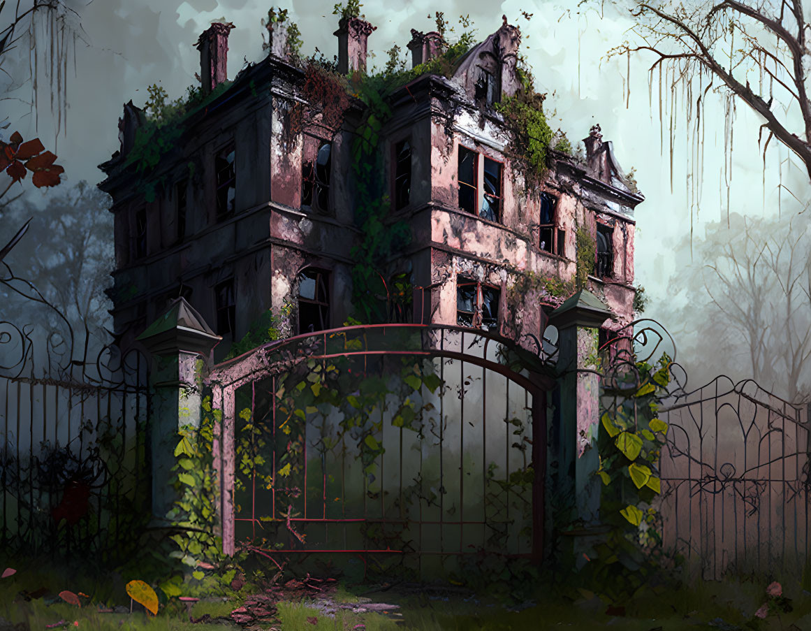 Abandoned mansion with ivy, rusted gate, misty woods