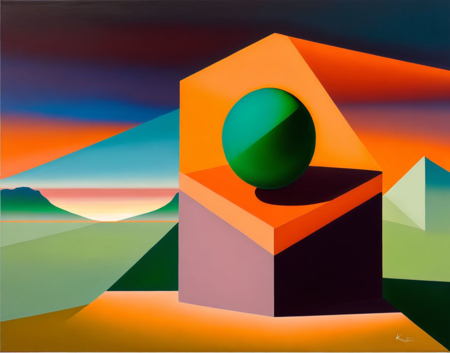 Geometric surreal landscape painting with green sphere on orange hexagon