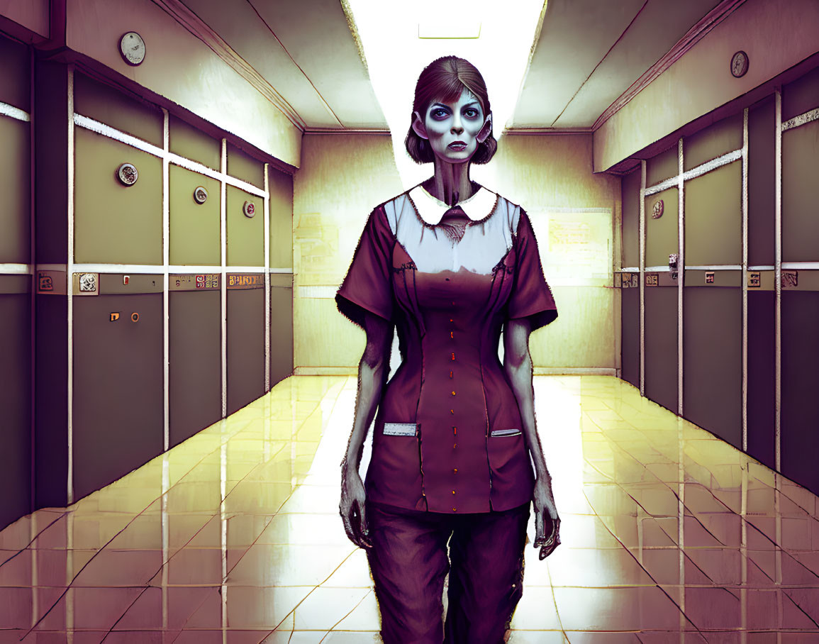 Dark-eyed zombie nurse in dimly lit hallway with lockers