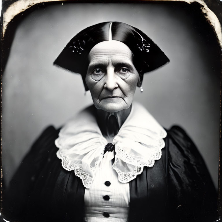 Monochrome portrait of stern elderly woman in dark dress