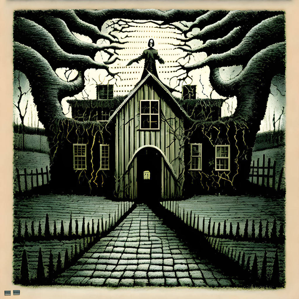 Gothic house illustration with lightning and silhouette.