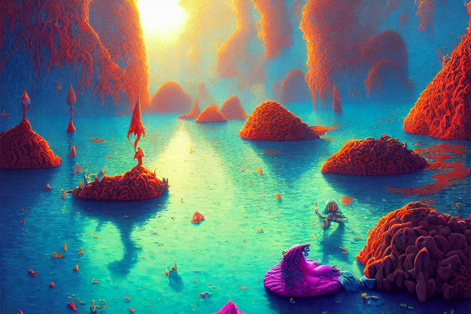 Colorful surreal landscape with alien trees and creatures in tranquil atmosphere
