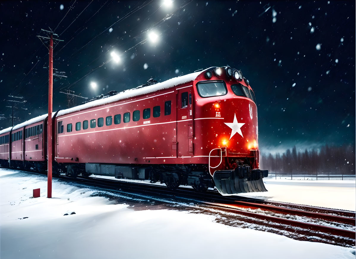 Red Train with White Star Travels Through Snowy Night Landscape