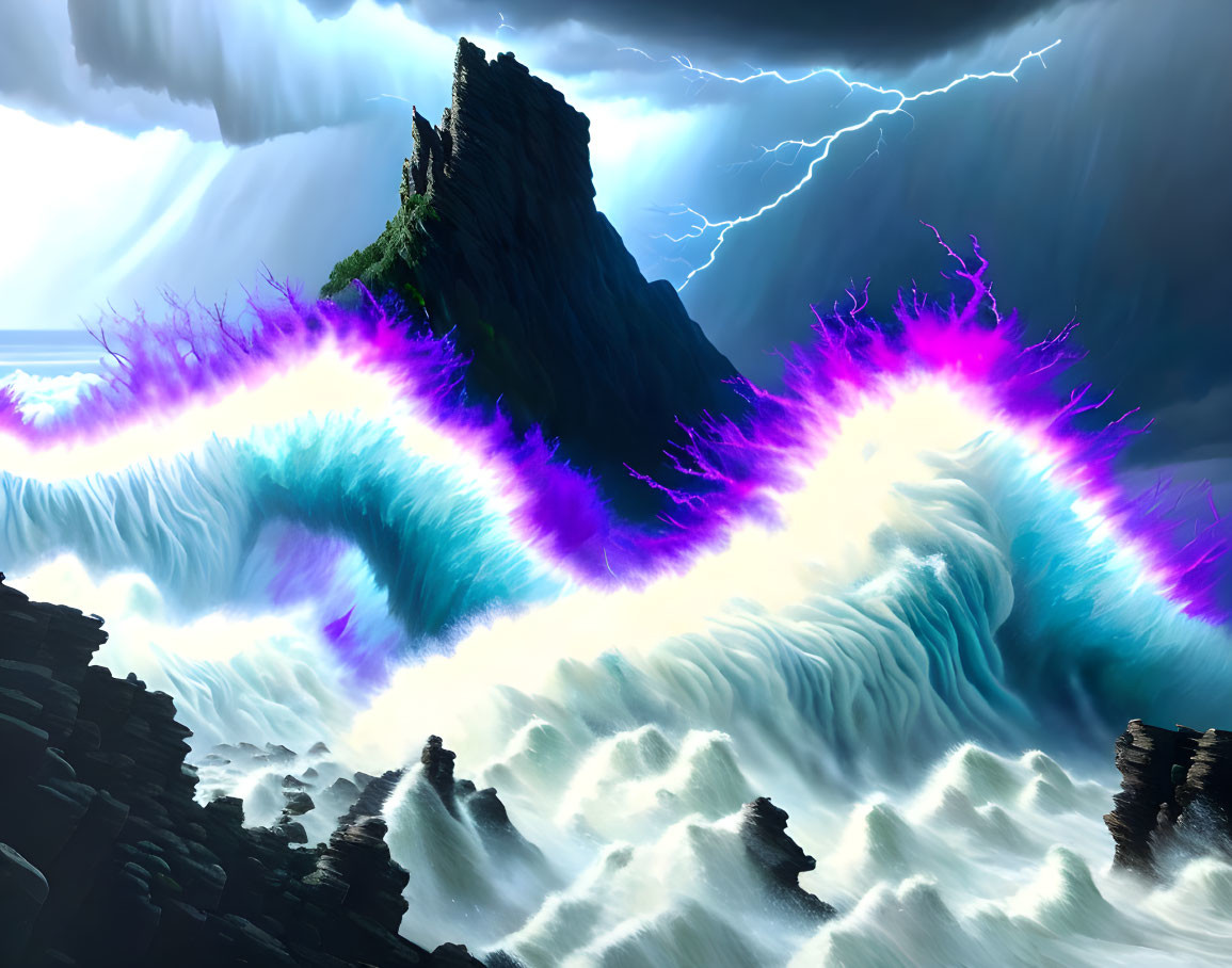 Dramatic digital seascape with glowing purple waves and stormy sky