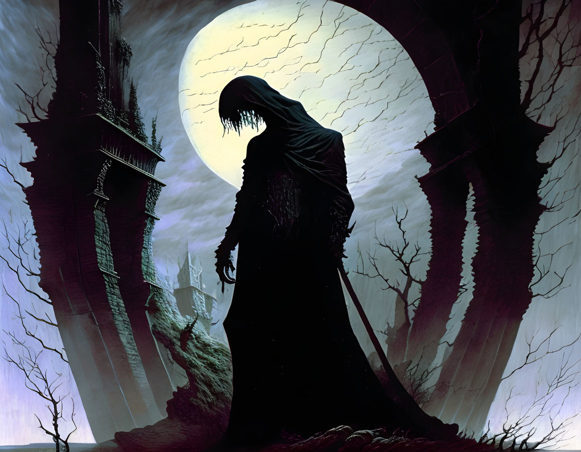 Cloaked Figure in Moonlit Gothic Archway