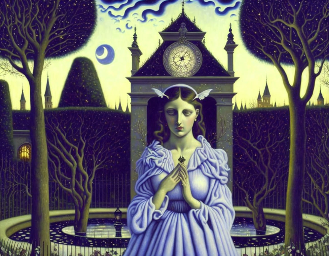 Surreal painting of woman in purple dress by moonlit clock tower