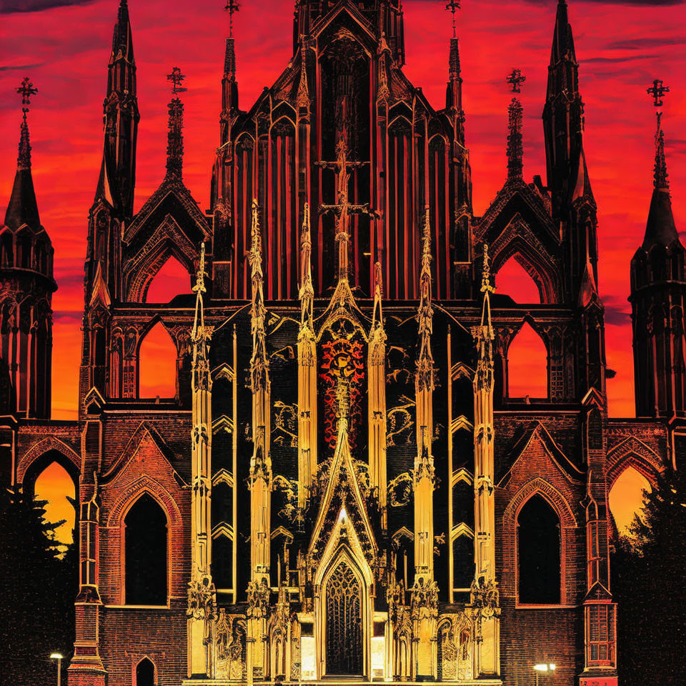 Intricate Gothic Cathedral Facades Against Fiery Red Dusk Sky