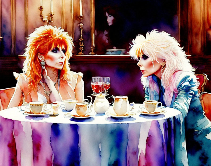 Two stylishly dressed individuals with vibrant hair at cafe table with coffee cups and wine glasses.