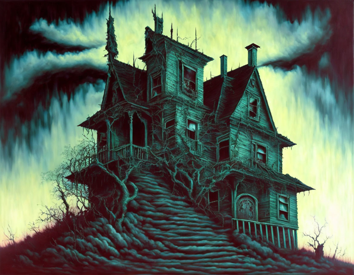 Eerie Victorian house on hill under dark clouds