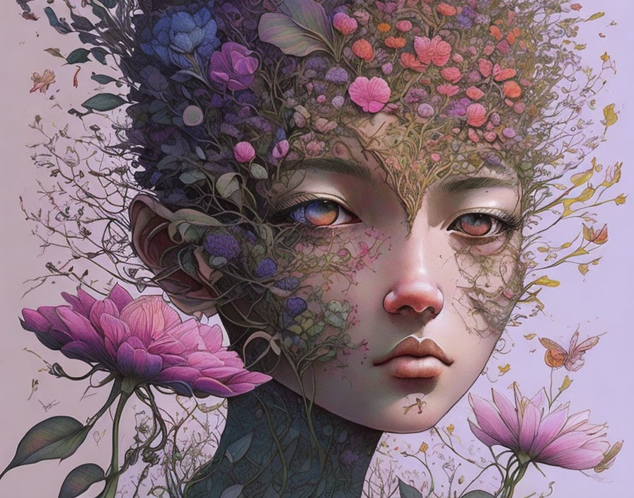 Surreal portrait blending flora and human features in soft pastel tones