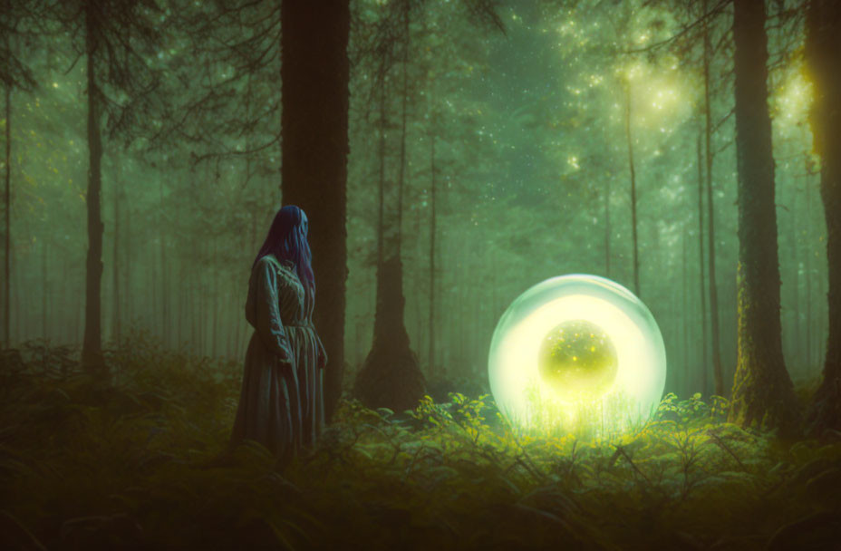 Mysterious figure in cloak in enchanted forest with glowing lights and luminous orb