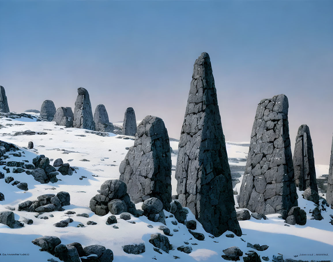 Snowy Landscape with Tall Jagged Rock Formations