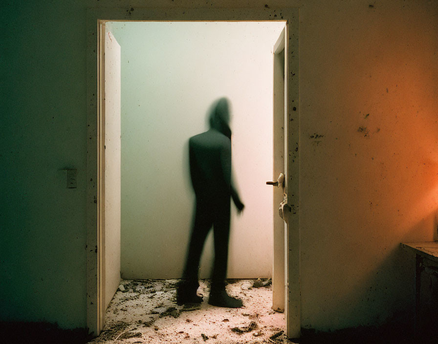 Silhouette of Person on Frosted Glass Door in Dimly Lit Room