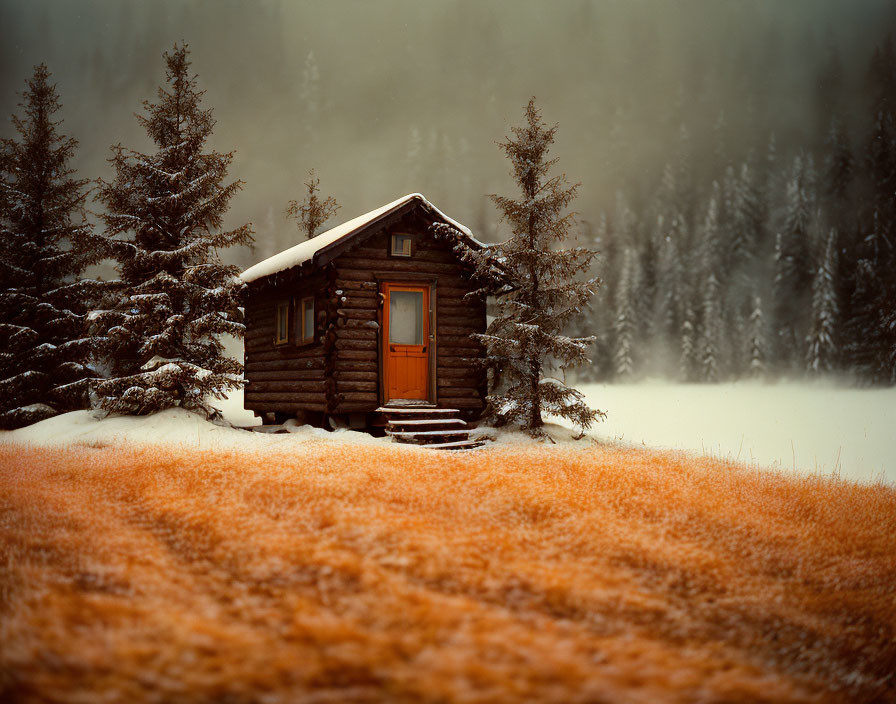 Cozy Cabin in Evergreen Forest with Misty Background