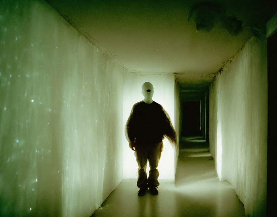 Silhouette of person in eerie, dimly lit corridor with glowing walls