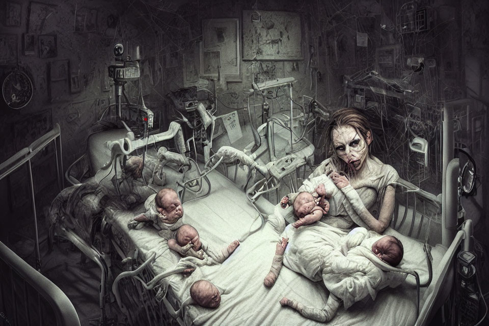 Eerie post-apocalyptic hospital scene with gaunt figures