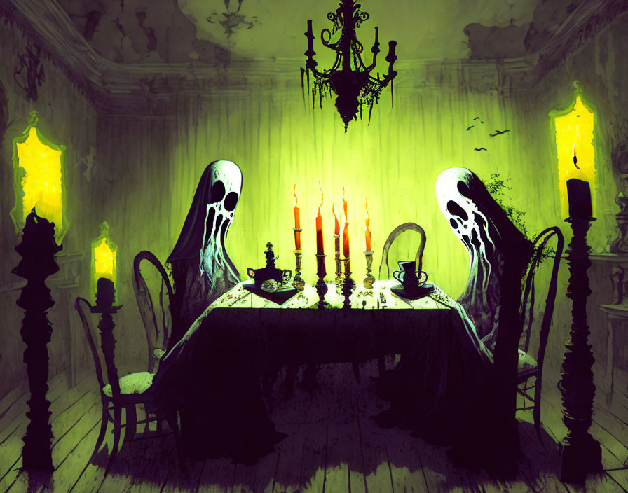 Ghostly figures at table with candelabra in dimly-lit room