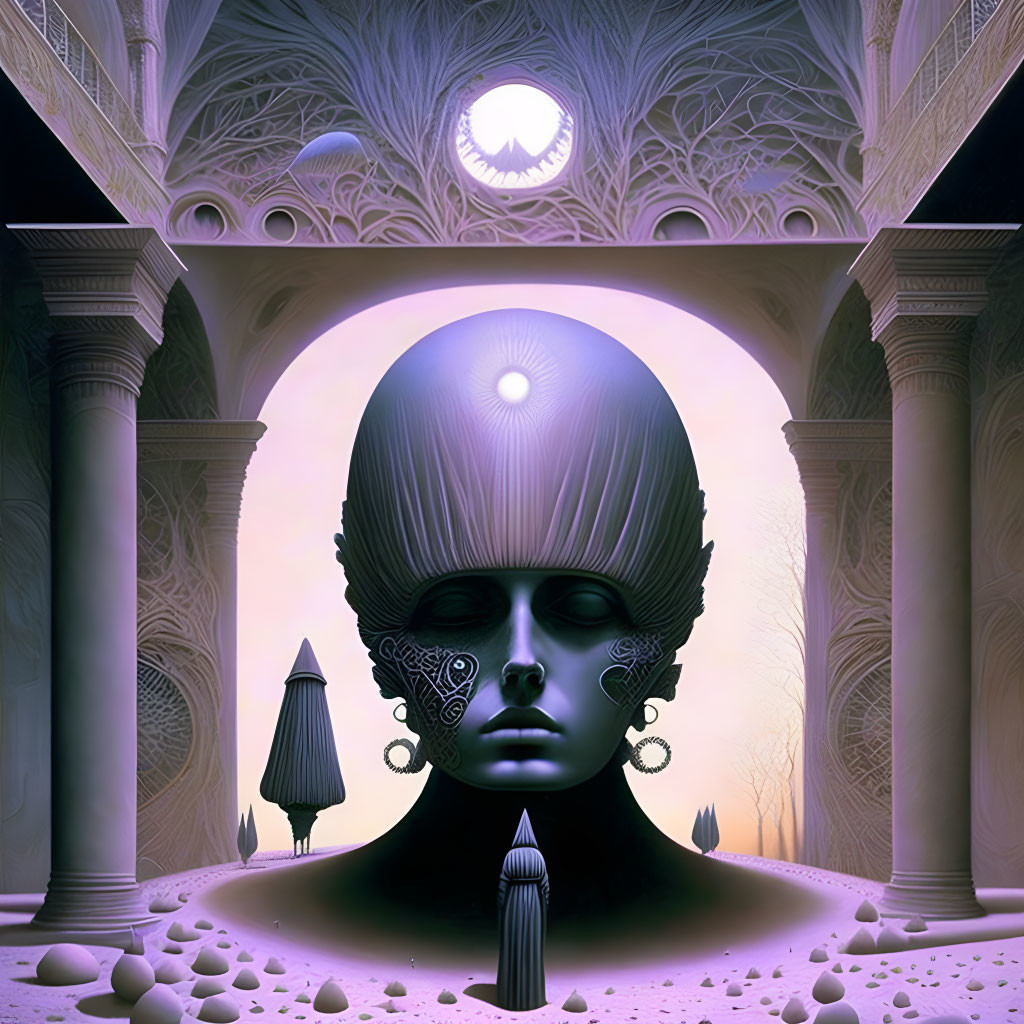 Surreal artwork: intricate head, classical columns, ornate ceiling